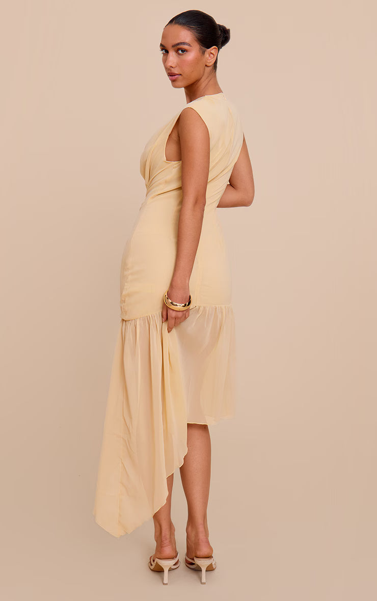 Butter Cream Chiffon Drape Detail Asymmetric Midaxi Dress