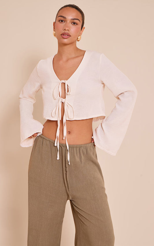Sand Textured Tie Front Detail Blouse