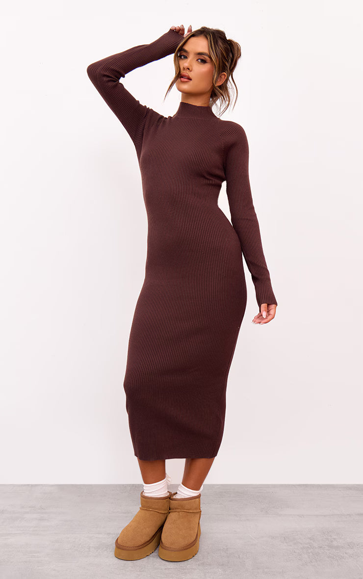 Chocolate Turtle Neck Knitted Bodycon Maxi Dress