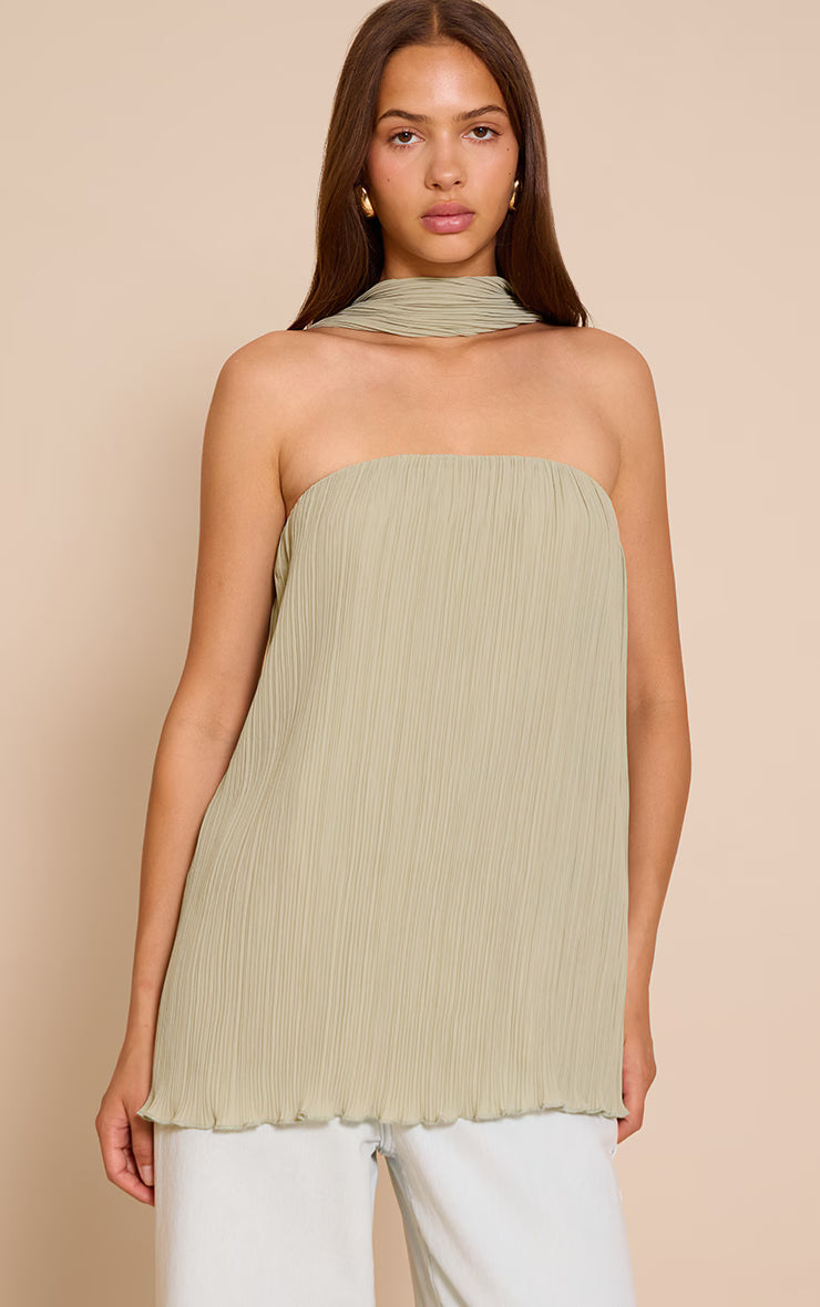 Sage Chiffon Bandeau Neck Scarf Detail Long Top
