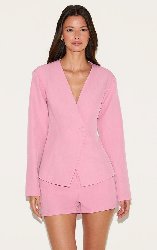 Candy Pink Tailored Cinched Waist Asymmetric Blazer