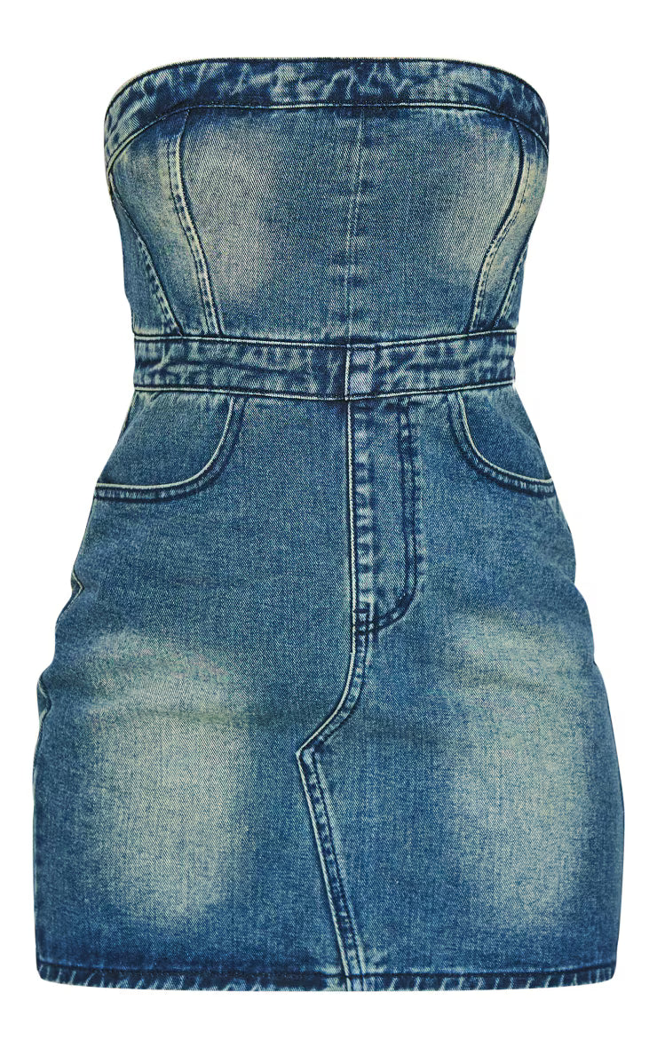 Indigo Blue Wash Zip Detail Bandeau Mini Dress