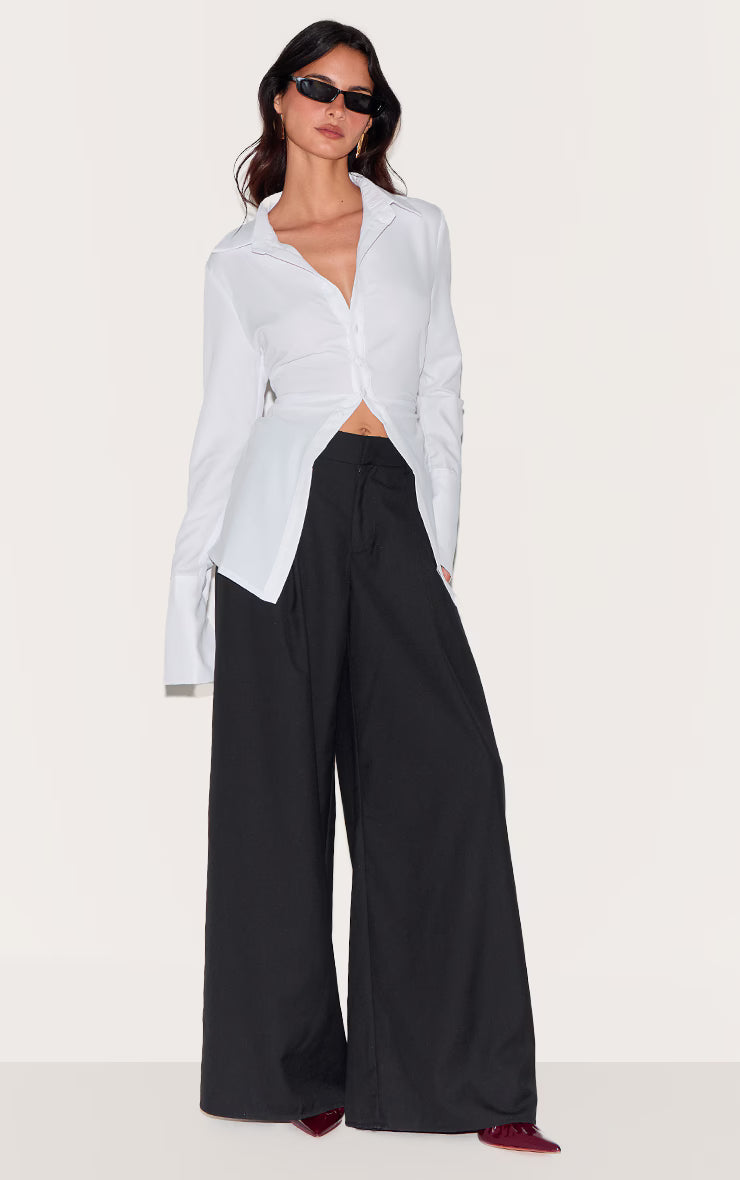 White Asymmetric Cinched Deep Cuff Shirt
