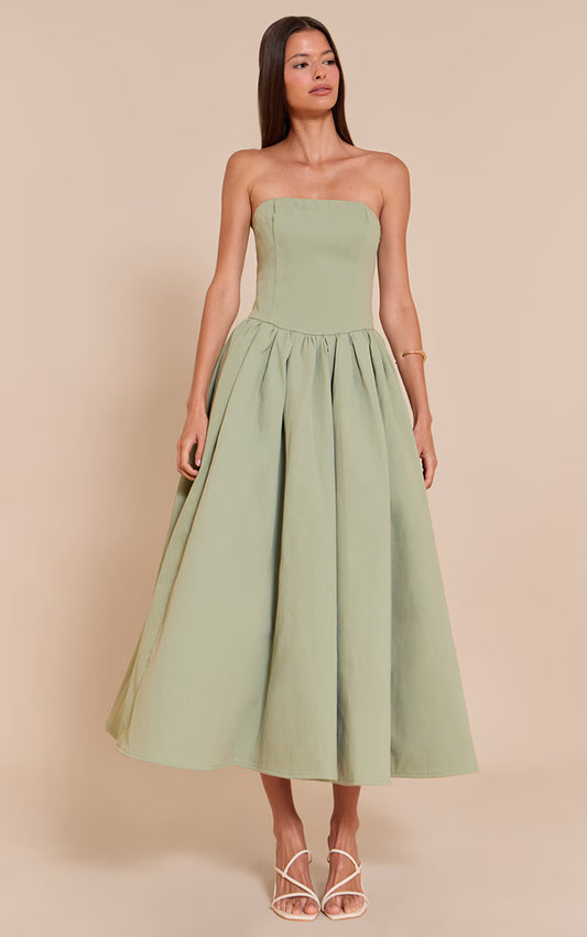 Sage Woven Bandeau Ruched Skater Midaxi Dress