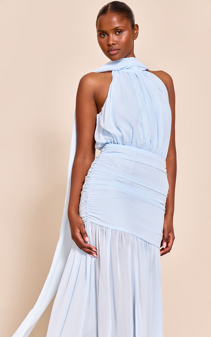 Light Blue High Neck Scarf Detail Ruched Maxi Dress