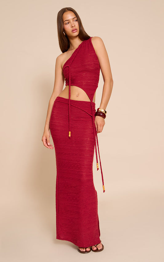 Red Textured Bead Asymmetrical Maxi Skirt