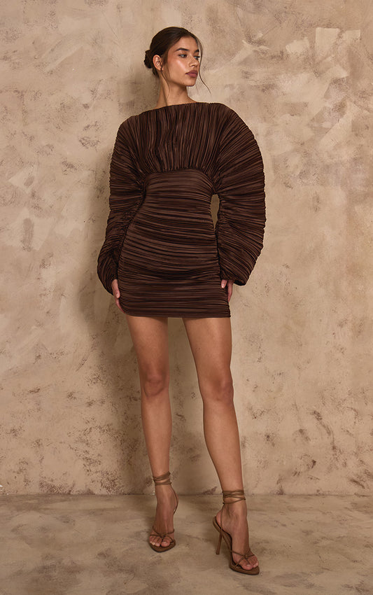 PLT Label Dark Chocolate Plisse Satin Batwing Long Sleeve Bodycon Dress