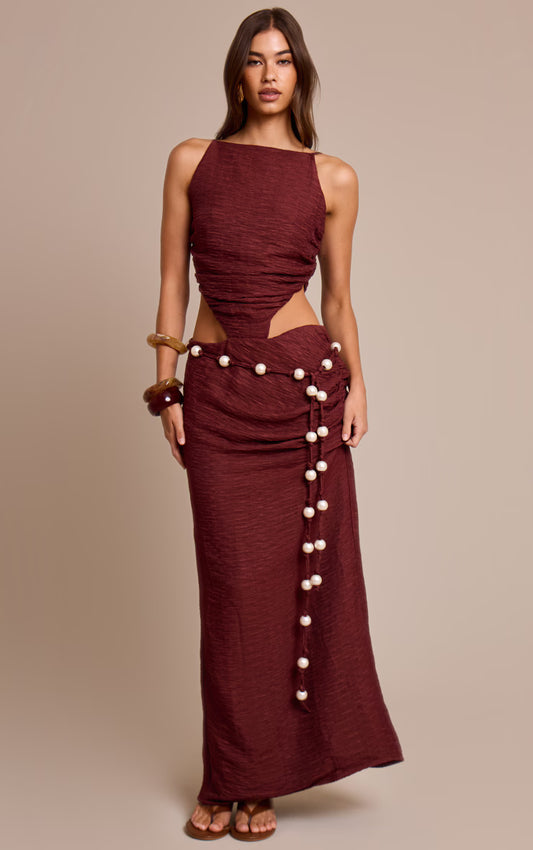 Burgundy Crinkle Textured Bead Detail Maxi Dress