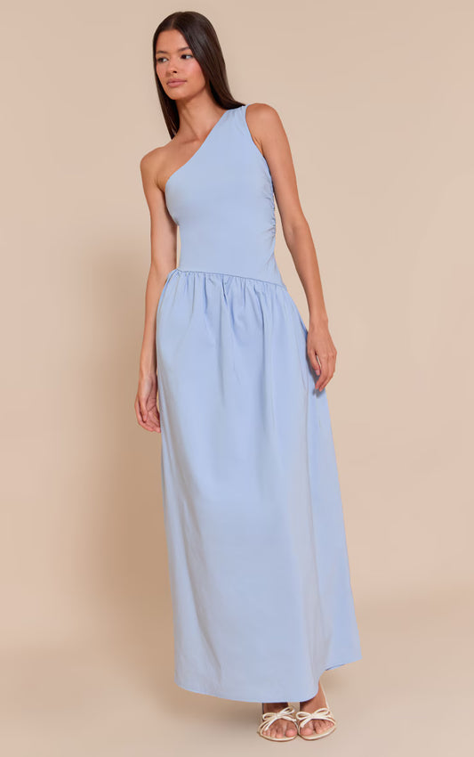 Light Blue Stretch Woven One Shoulder Maxi Dress