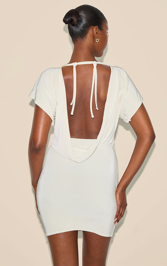 Almond Double Layered Slinky Ruched Short Sleeve Mini Dress