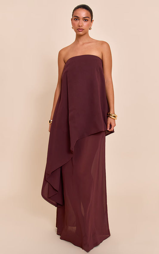 Chocolate Chiffon Bandeau Overlay Maxi Dress