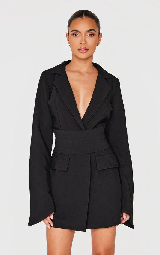 Black Woven Wrap Belted Blazer Dress