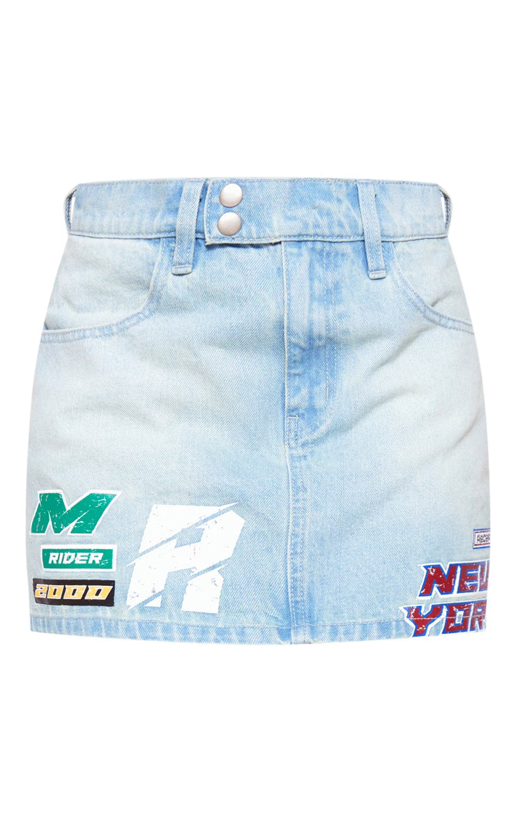 Light Blue Wash Racer Graphic Denim Mini Skirt