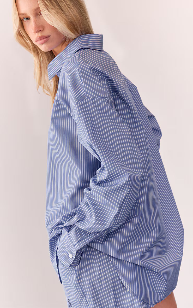 Blue Embroidered Striped Linen Long Sleeve Shirt