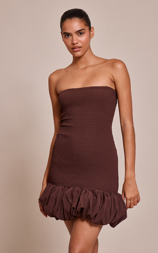 Chocolate Shirred Bandeau Bodycon Dress