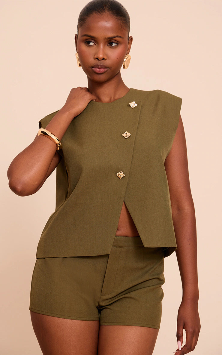 Khaki Tailored Mini Shorts