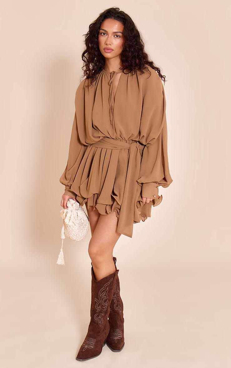 Chocolate Floaty Tie Detail Long Sleeve Shift Dress