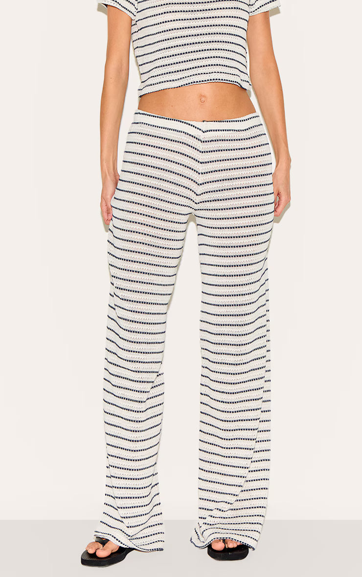 Navy Striped Textured Casual Pants