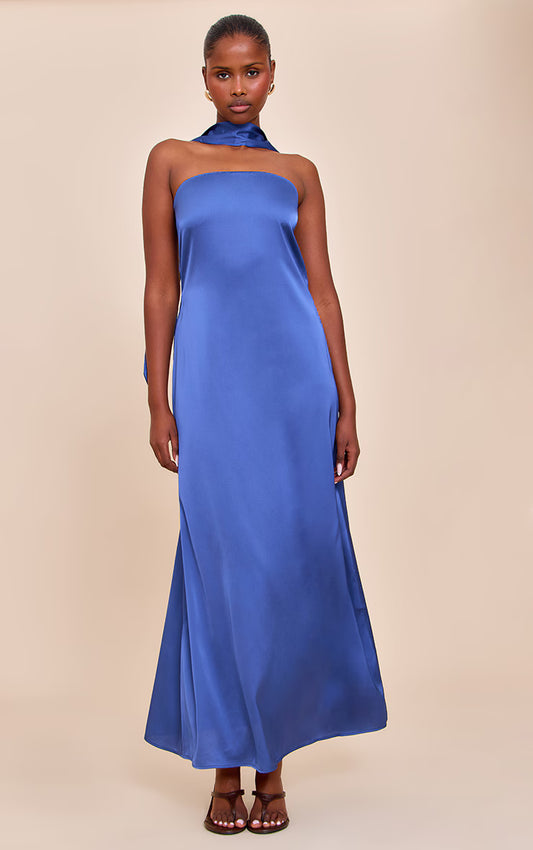 Navy Satin Bandeau Scarf Detail Maxi Dress