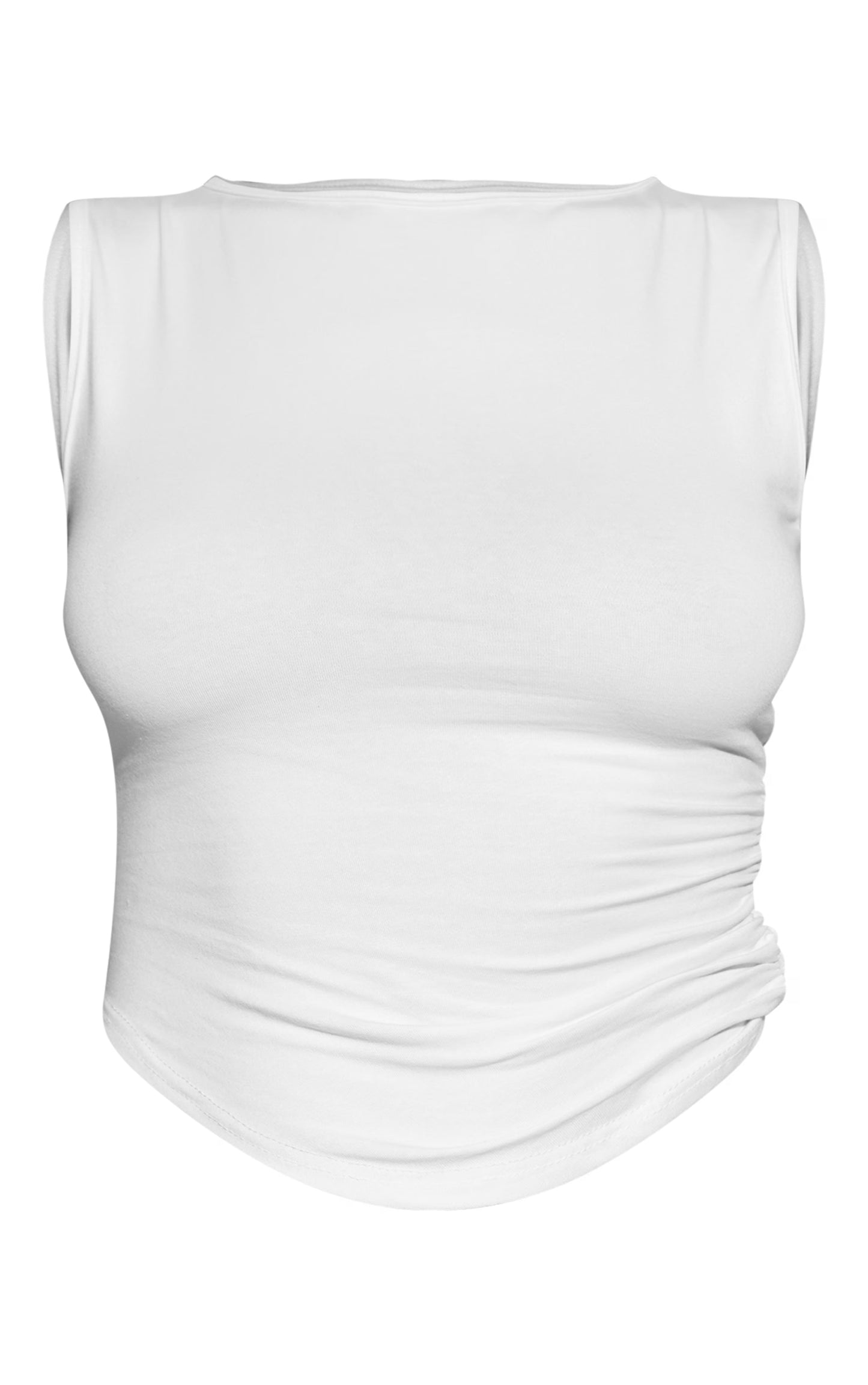 White Ruched Side Cotton Boatneck Long Top