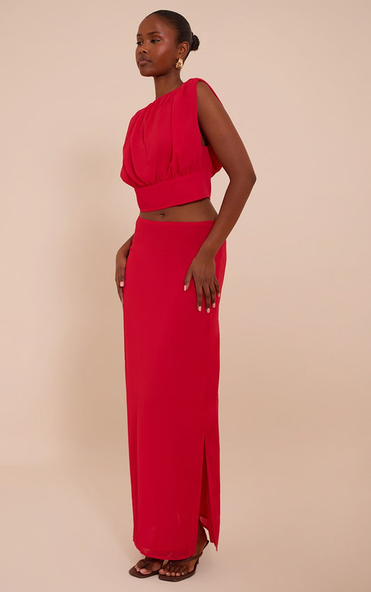 Tomato Red Chiffon Split Maxi Skirt