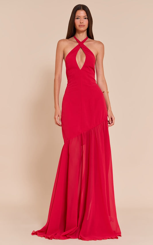 Red Chiffon Halterneck Dropped Waist Maxi Dress