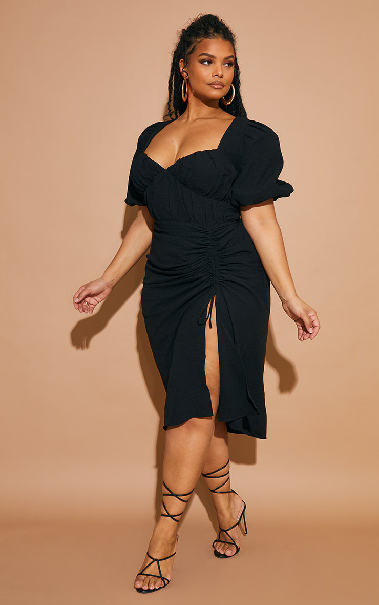 Plus Black Puff Sleeve Ruched Split Side Midi Dress