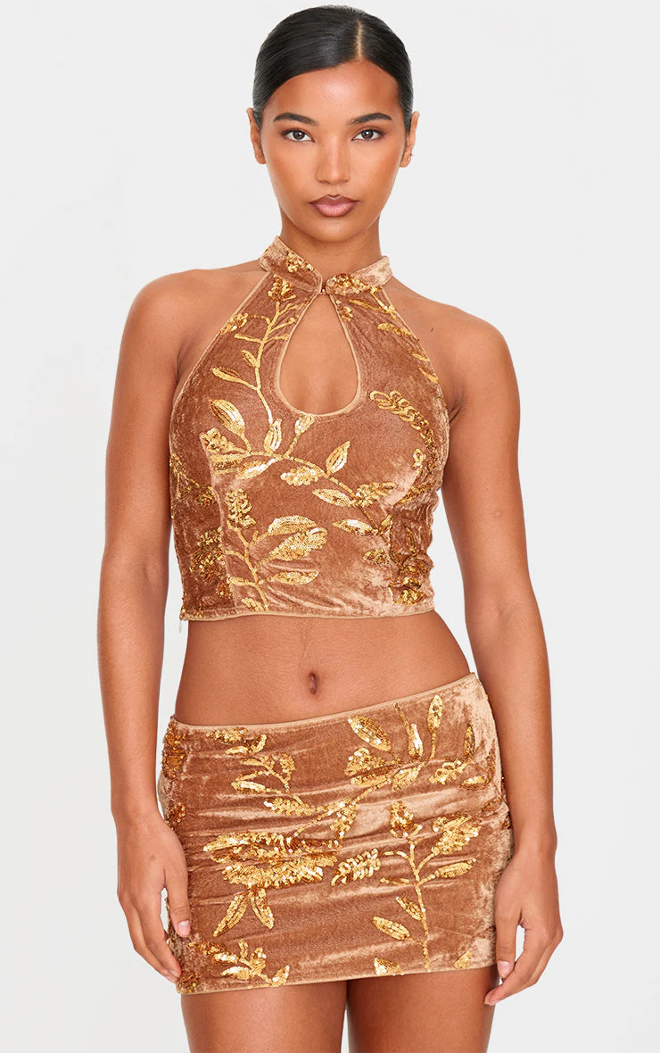Golden Olive Velvet Floral Sequin Embellished Micro Mini Skirt