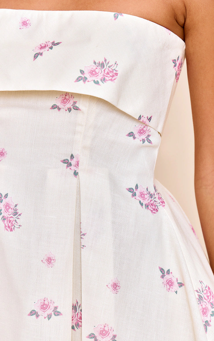 Pink Floral Printed Linen-Blend Bandeau Fold Over Shift Dress