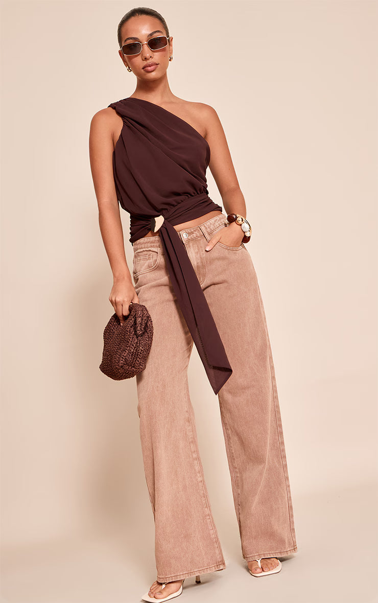 Chocolate Plum Chiffon One Shoulder Ruched Trim Drape Top
