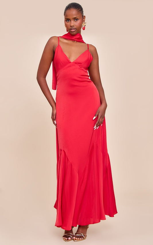 Red Satin V Neck Maxi Dress