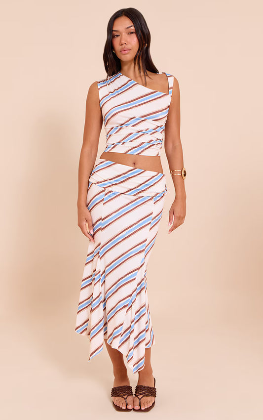 Cream Stripe Foldover Ruched Detail Midi Skirt