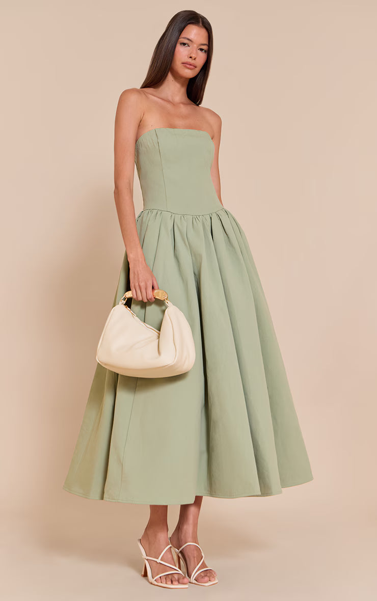 Sage Woven Bandeau Ruched Skater Midaxi Dress