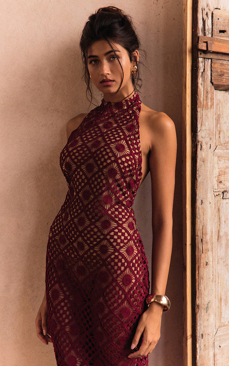PLT Label Dark Red Crochet High Neck Open Back Maxi Dress