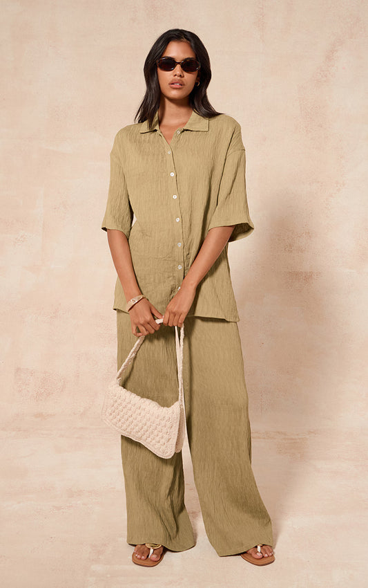Chartreuse Textured Woven Drawstring Wide Leg Pant