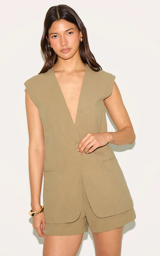 Sage Khaki Linen Look Longline Vest