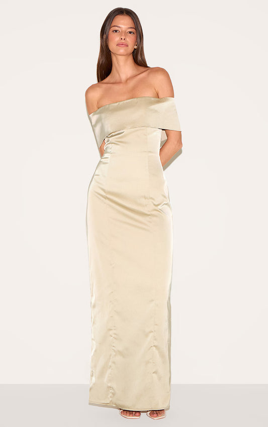 Sage Bridesmaid Bardot Fold Over Sleeveless Maxi Dress
