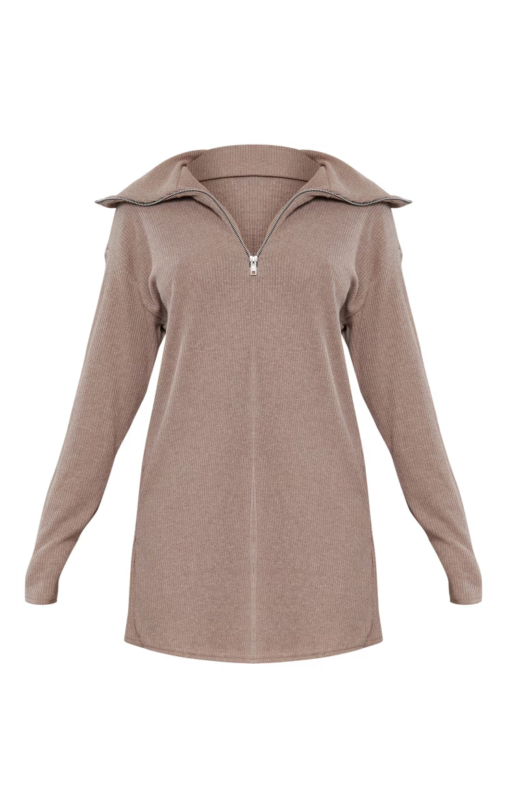 Mocha Rib High Neck Half Zip Oversized Sweater Dress