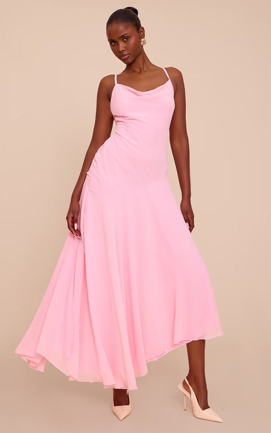 Baby Pink Strappy Cowl Neck Maxi Dress