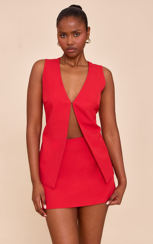 Tomato Red Woven Tailored Hook And Eye Vest