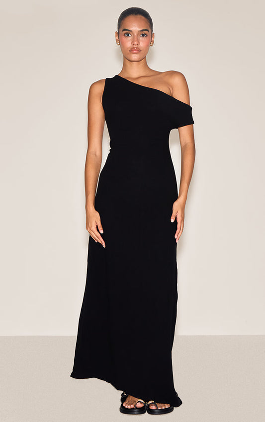 Black Textured Woven Asymmetric One Shoulder Maxi Dress