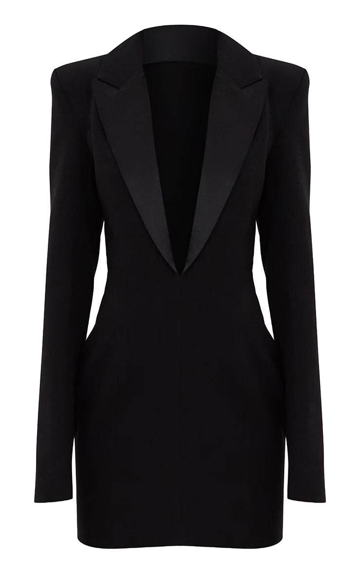 Black Tailored Satin Lapel Blazer Dress