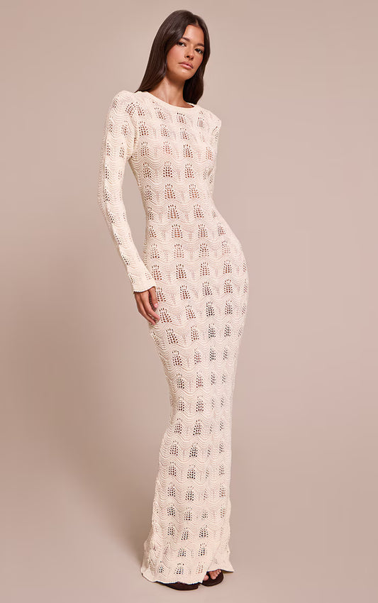 Cream Long Sleeve Backless Knitted Maxi Dress