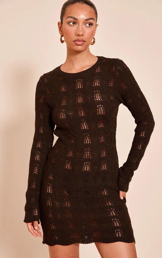 Chocolate Long Sleeve Backless Mini Dress