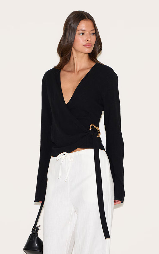 Black Linen Look Wrap Trim Tie Top
