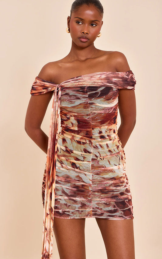 Beige Abstract Print Lined Mesh Bardot Mini Dress