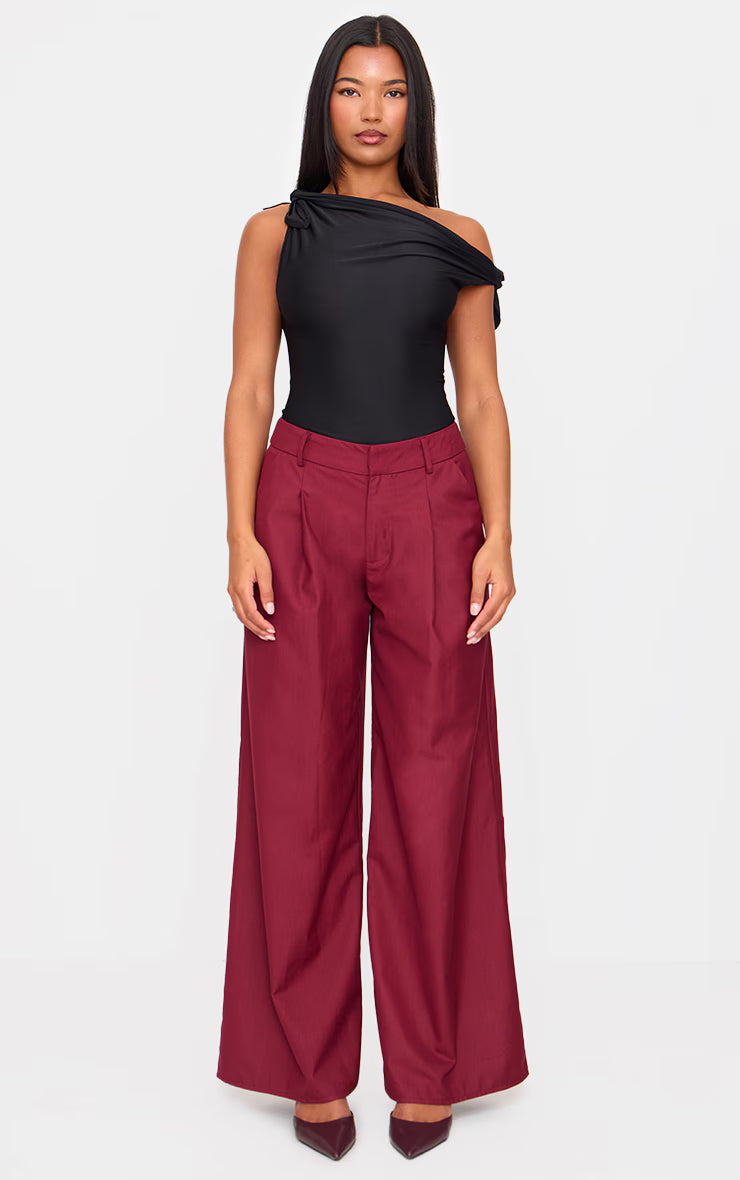 Black Slinky Tie Shoulder Asymmetric Bodysuit