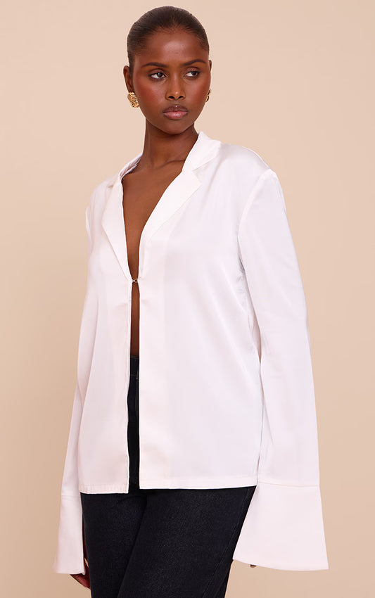 White Satin Hook And Eye Detail Oversized Shirt