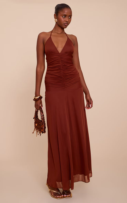 Chocolate Ruched Detail Strappy Maxi Dress