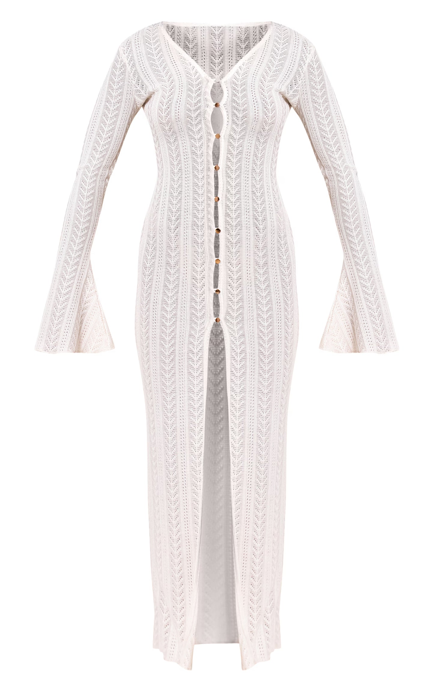 Cream Textured Button Flared Sleeve Maxi Dress